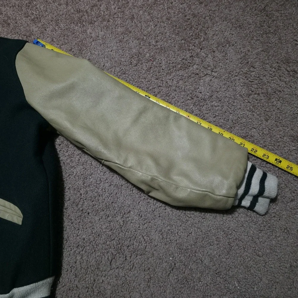 DeLONG Varsity Bomber Jacket Mens Medium Dark Green Beige Blank USA Made Wool